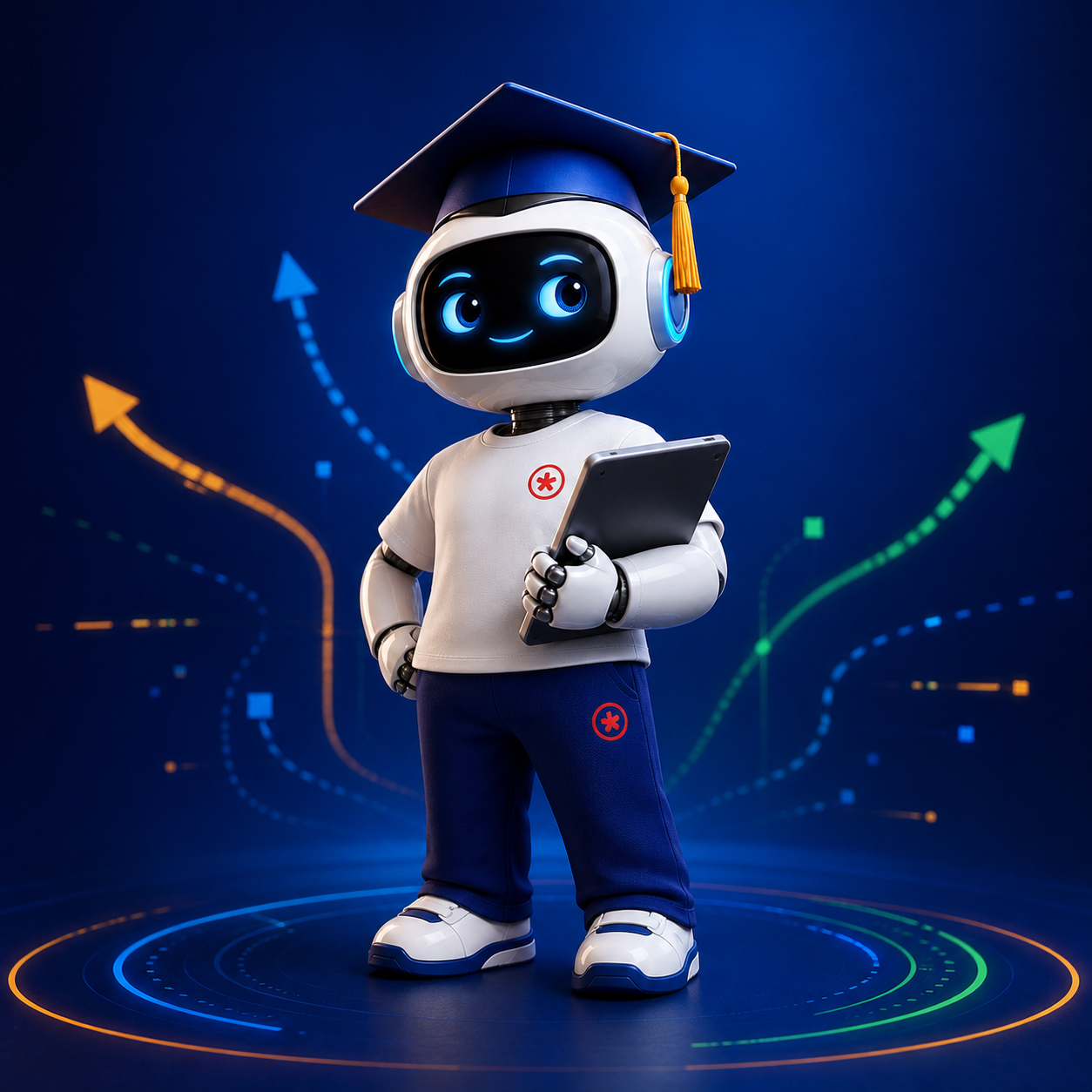 Robô Tutor Reta Final com capelo e tablet